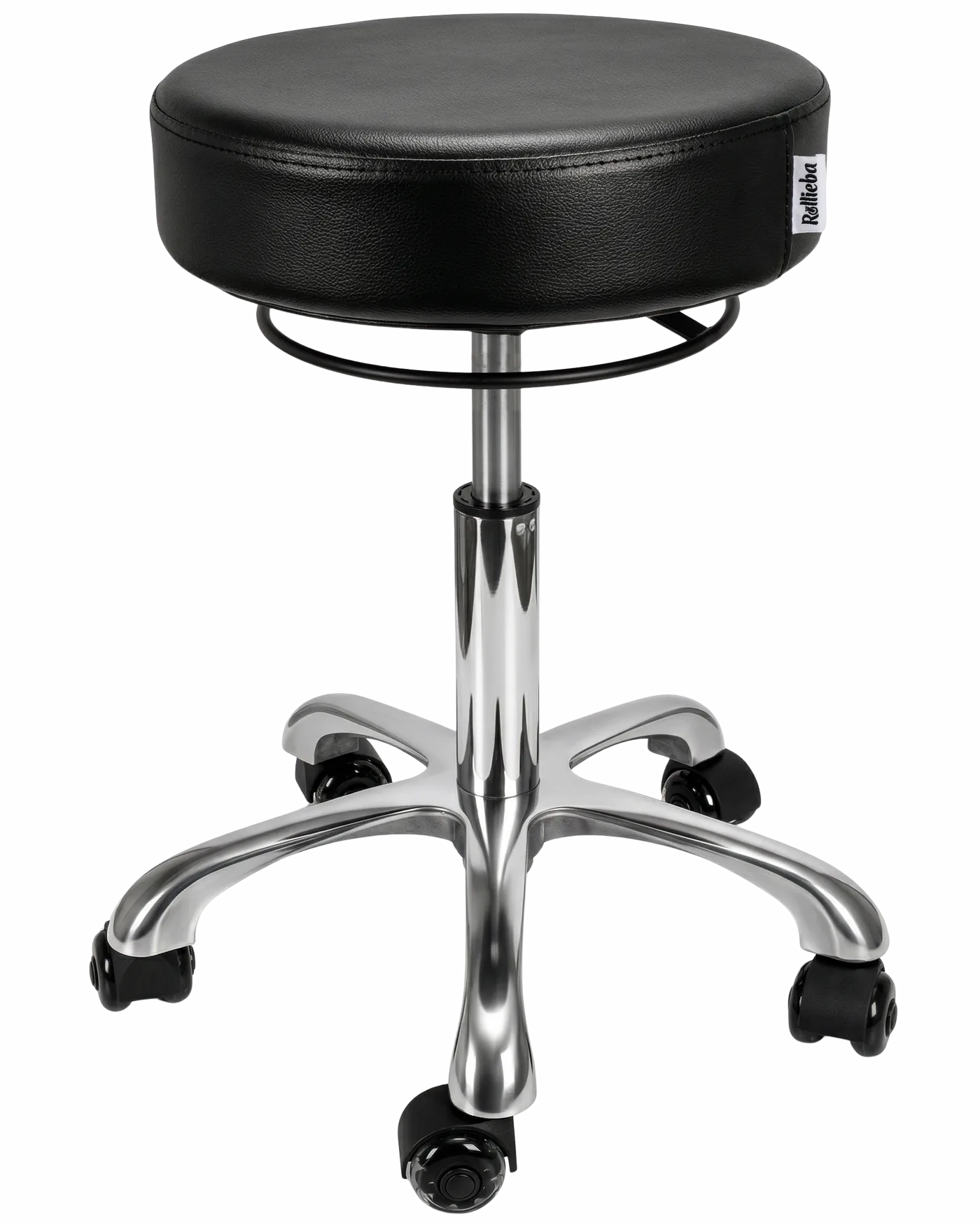 Rollieba RB01 Rollhocker mit schwarzem Sitz, Chromfuss und fuenf Rollen