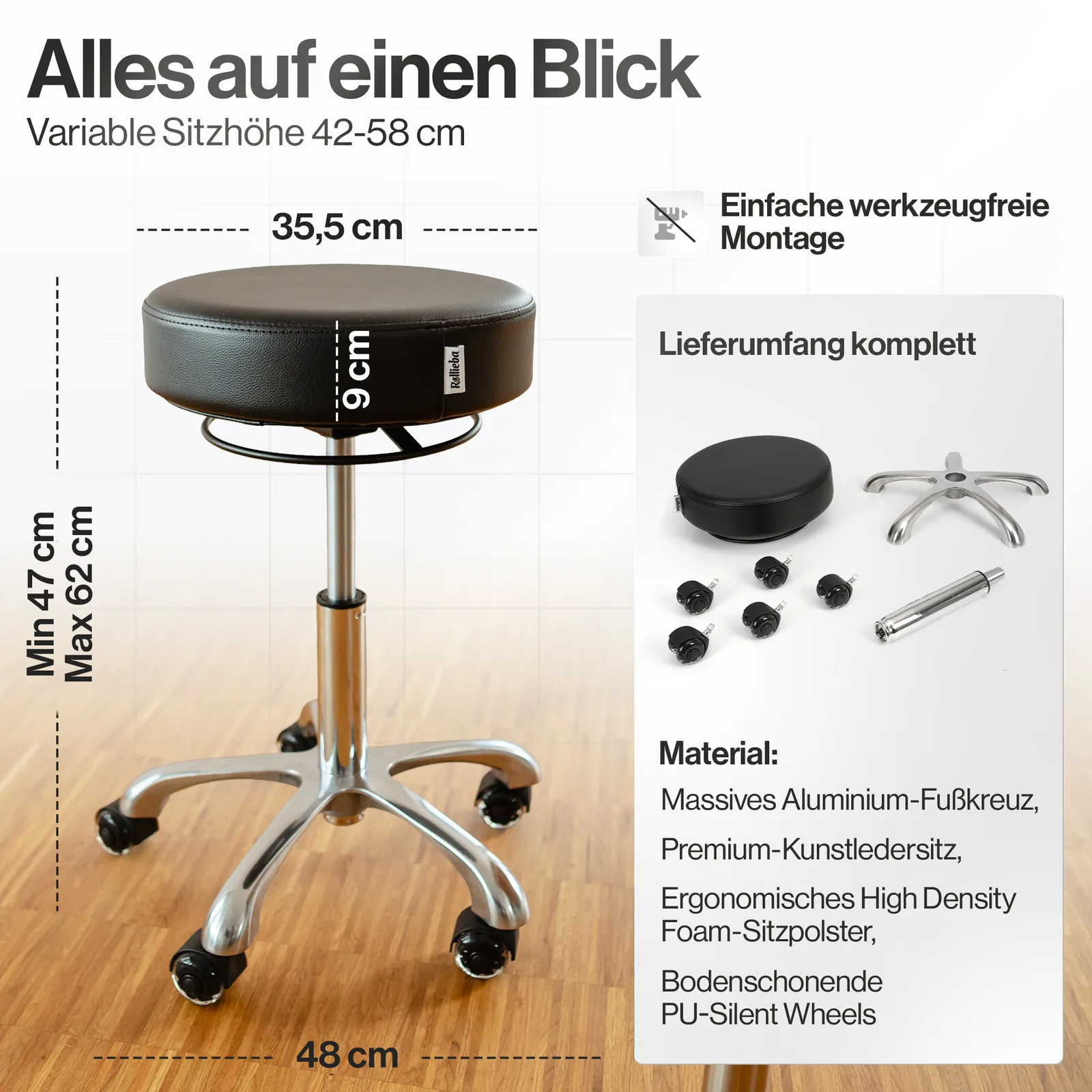 Uebersicht der Masse und Bestandteile des Rollieba RB01